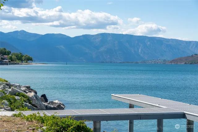 a view of a lake with a mountain in the background