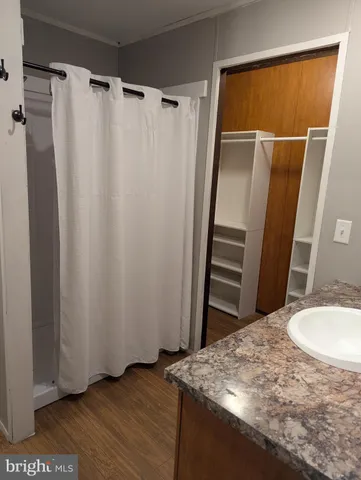 a bathroom with a shower and a wooden floor