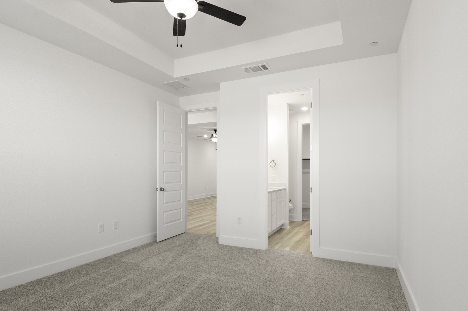 18909 Schultz Lane, Unit 1002 Round Rock, TX 78664 - Photo 19 of 24 Unfurnished bedroom featuring light colored carpet, a ceiling fan, a tray ceiling, and ensuite bathroom