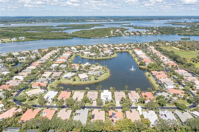 a view of a swimming pool with a lounge chair and palm trees