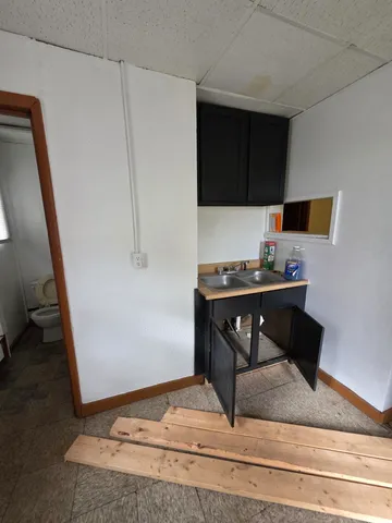 a living room with a couch and a potted plant on a counter