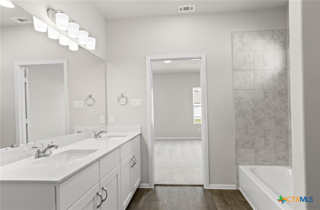 2431 Winding Creek Road Kyle, TX 78640 - Photo 12 of 29 a bathroom with a double vanity sink a large mirror and shower