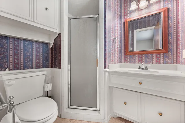 a bathroom with a toilet a sink a mirror and a shower