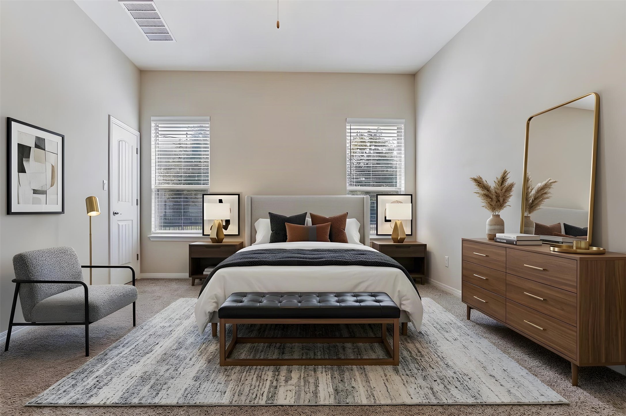 162 Rains Kyle, TX 78640 - Photo 15 of 32 Virtually staged - Primary bedroom featuring high vaulted ceilings, plush carpeting and a ceiling fan.
