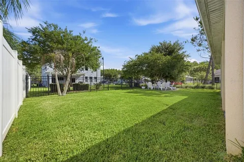 a view of a park with large trees