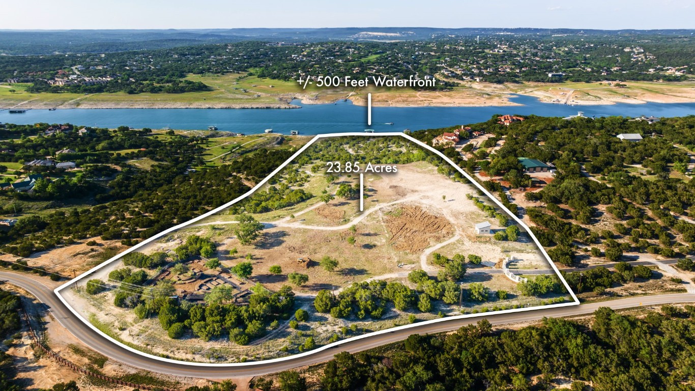 Extraordinarily Rare Waterfront Property with 23.85 Acres with Panoramic Views within 30 minutes to the Austin city limits.  The private boat dock is pictured under the arrow reflecting +/- 500 feet of waterfront.  Boat is not included.Parameters are approximate.