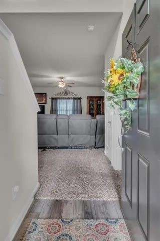 a living room with furniture flowerpot and a chandelier