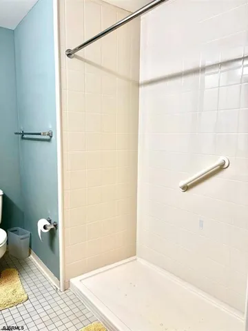 a bathroom with a shower and a toilet