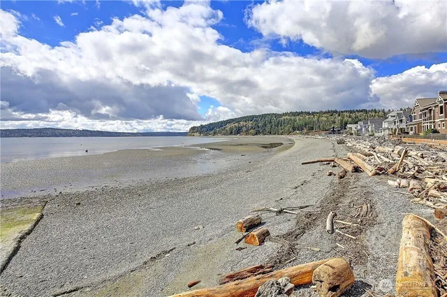 a view of a lake with beach and city view