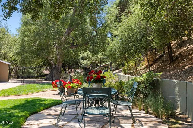 a view of a yard with plants and a table and chairs