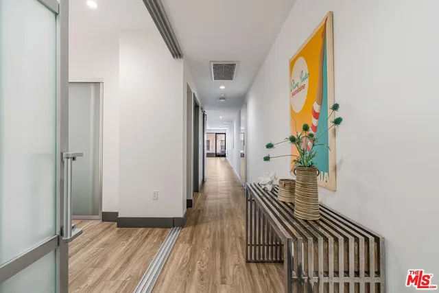 a view of a hallway with wooden floor and a potted plant