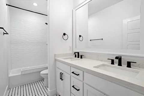 a bathroom with a sink a toilet a shower and a mirror