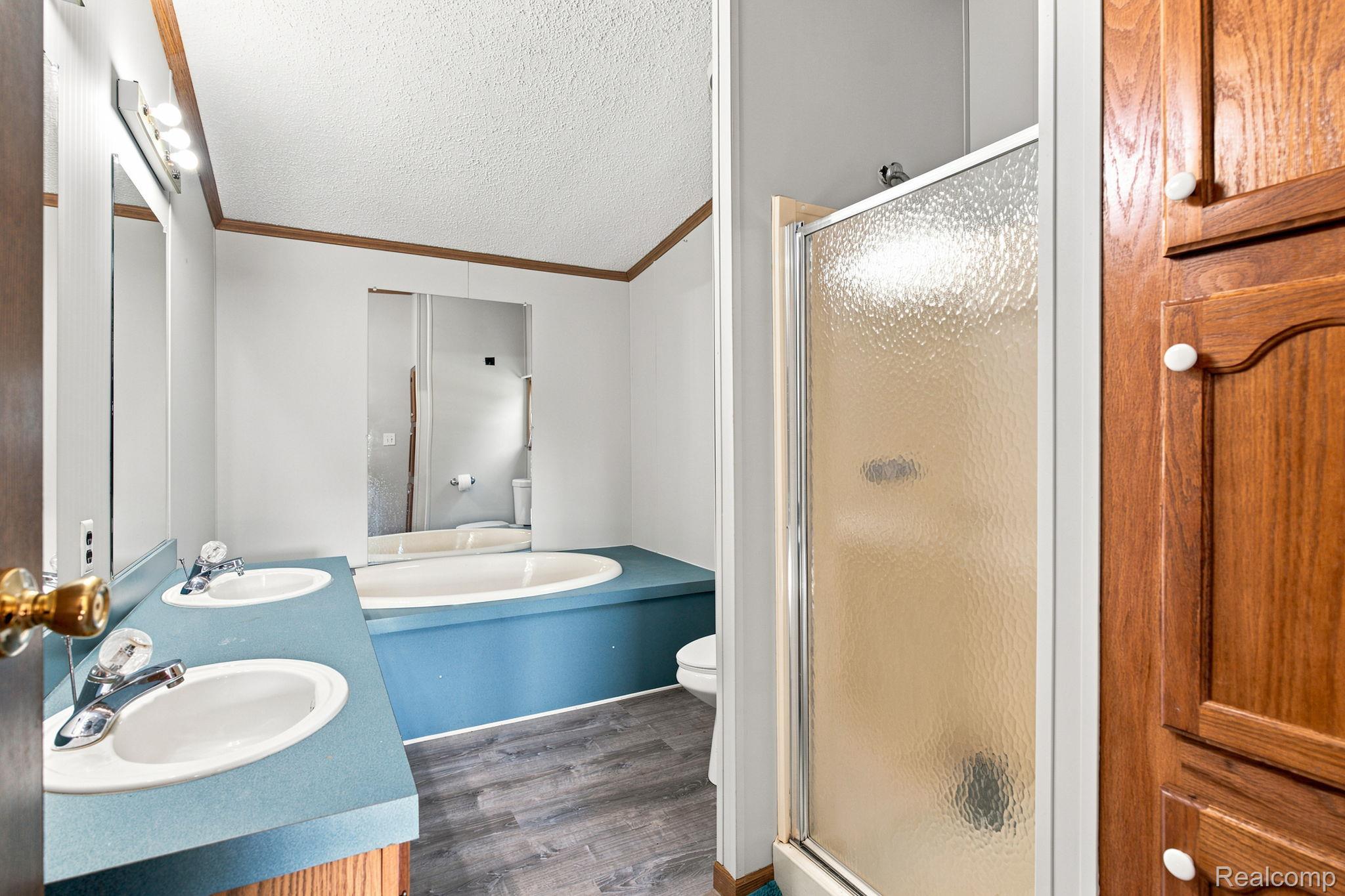 2390 Lakeshore Road Applegate, MI 48401 - Photo 67 of 97 Dual vanity with integrated sinks, built-in soaking tub, wood-finish flooring, and a glass-enclosed shower