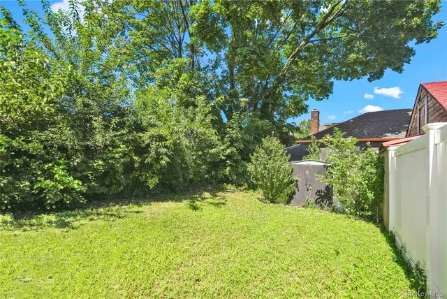 a view of a backyard with plants and a small cabin