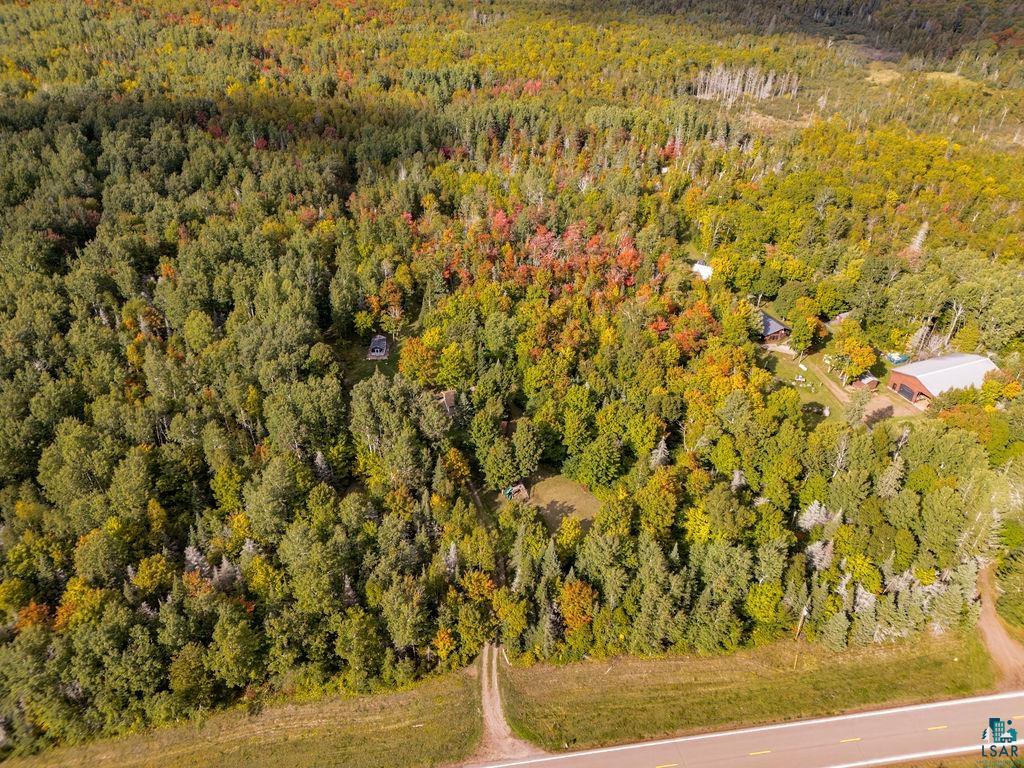 1159 Wales Road Two Harbors, MN 55616 - Photo 23 of 29 Expansive forested property with mixed deciduous and evergreen trees, featuring a visible road, multiple structures, and a clear access point