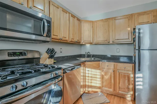 a kitchen with stainless steel appliances granite countertop a stove a refrigerator and a microwave