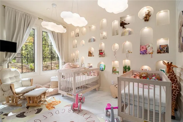 a balcony with tall trees in the background