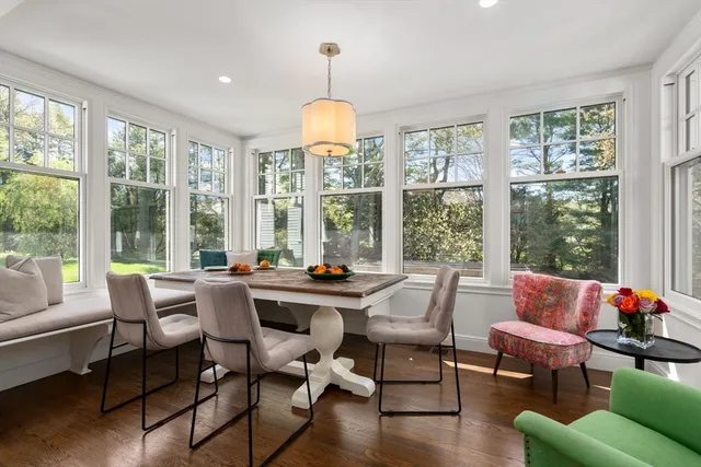 a view of a dining room with furniture window and outside view