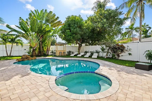 a view of a swimming pool with a patio