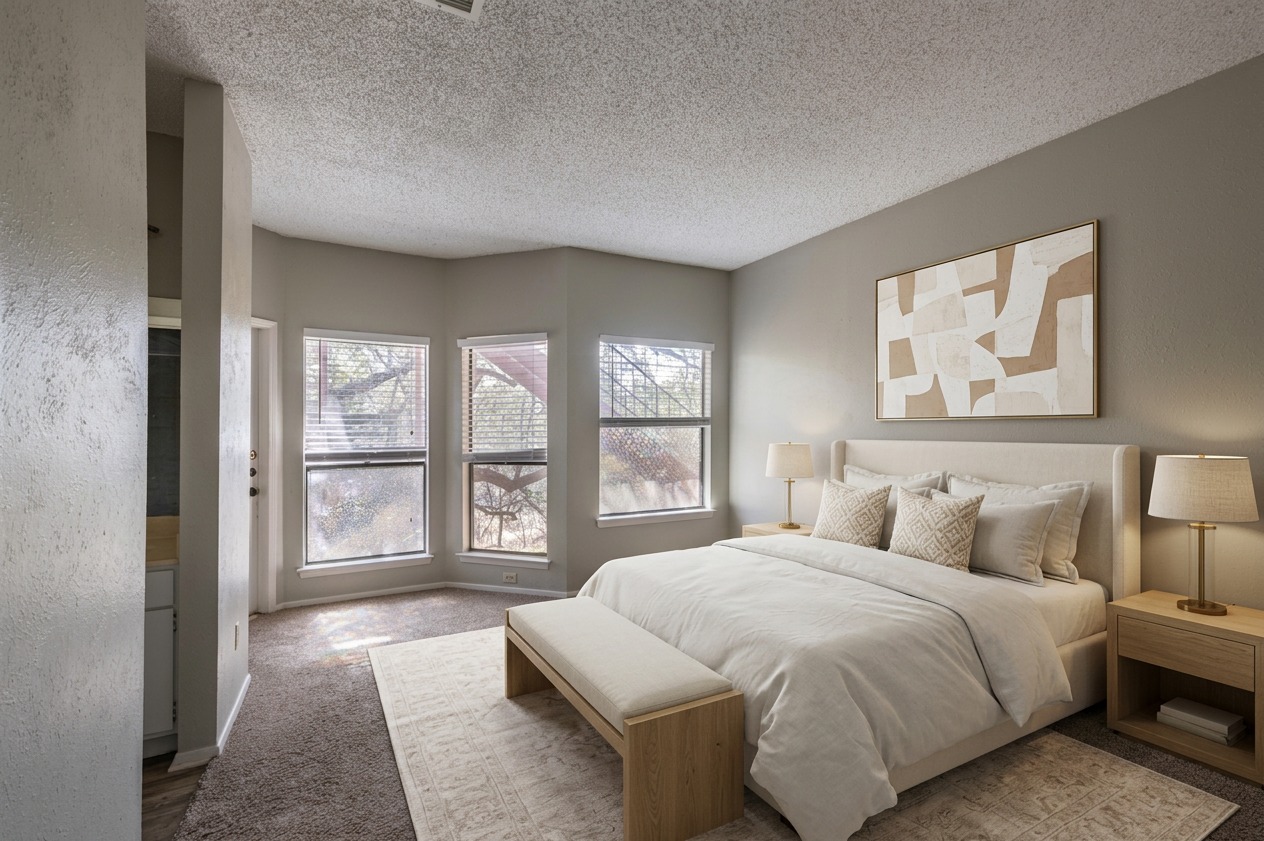 5305 Indio Cove, Unit B Austin, TX 78745 - Photo 2 of 19 a bedroom with a large bed and a large window