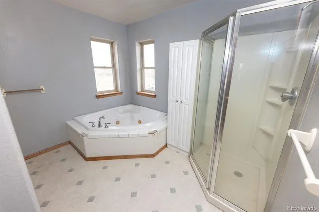 a bathroom with a bathtub and shower