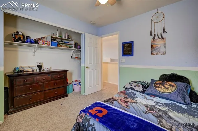 a bedroom with a bed and cabinets