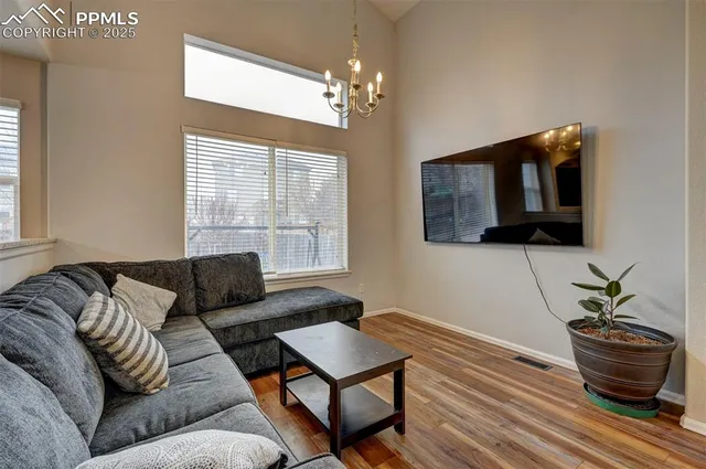 a living room with furniture and a potted plant