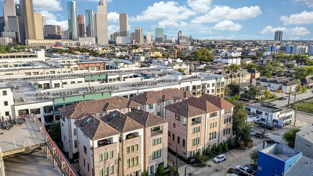 a city view with tall buildings