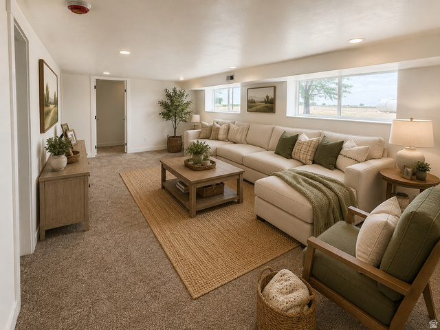 2865 North 3250 W Road Sutherland, UT 84624 - Photo 18 of 28 Staged Spacious living area featuring neutral carpeting, recessed lighting, and white walls