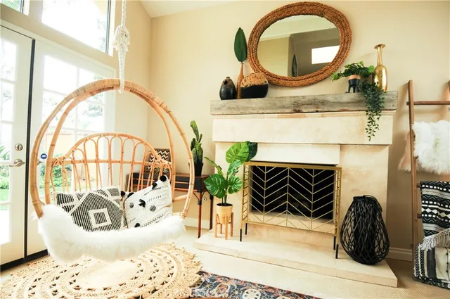 a living room with a fireplace