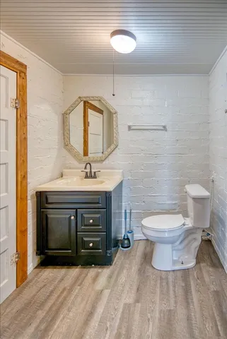 a bathroom with a sink toilet and mirror