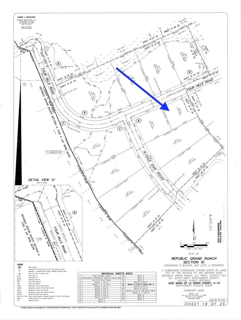 16068 Four Hills Road Willis, TX 77378 - Photo 13 of 29 Plot divisions, road layouts, and lot dimensions. The blue arrow highlights the lot along Four Hills Road.