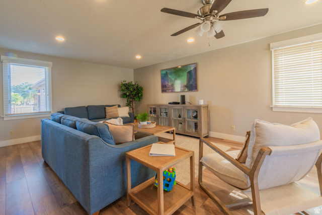 860 South Village Road, Unit Y8 St. George, UT 84770 - Photo 13 of 29 Living area featuring hardwood / wood-style floors, recessed lighting, and a ceiling fan