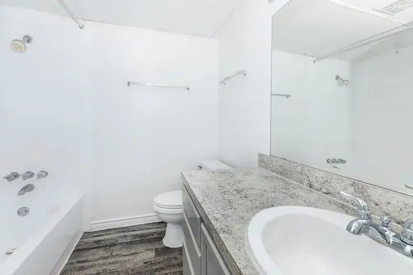 a bathroom with a granite countertop sink and toilet