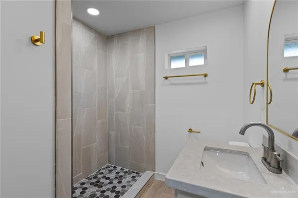 a bathroom with a sink and a shower