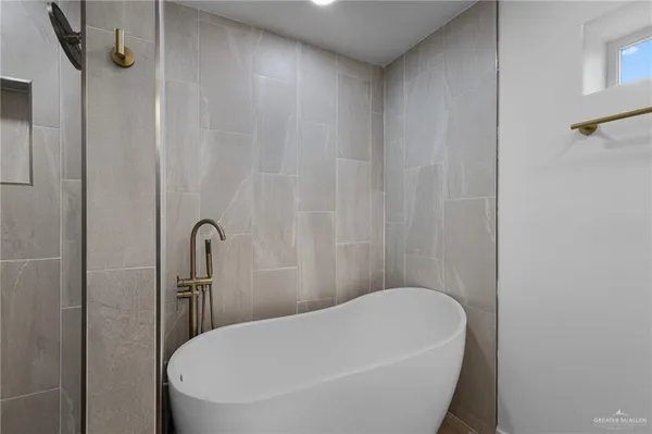 a bathroom with a bathtub