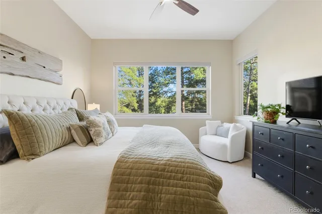 a bedroom with a bed and a television