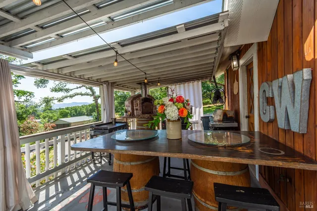 a view of a dining room with furniture window and outside view