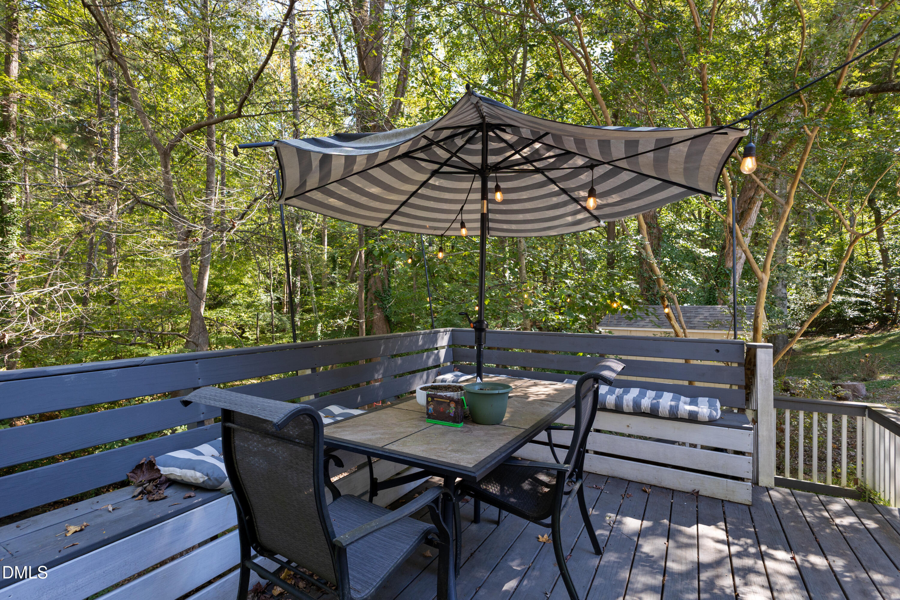 6125 Bellow Street Raleigh, NC 27609 - Photo 36 of 41 a view of a backyard with table and chairs under an umbrella