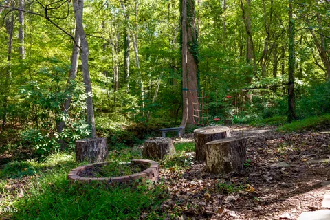 a garden view with a seating space