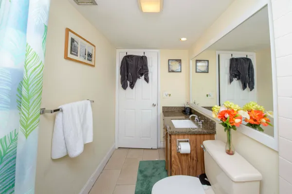 a bathroom with a sink mirror and toilet