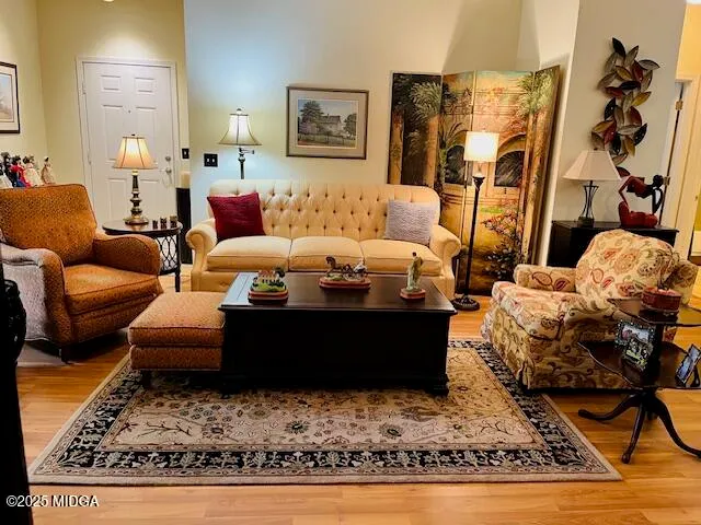 a living room with furniture and a rug