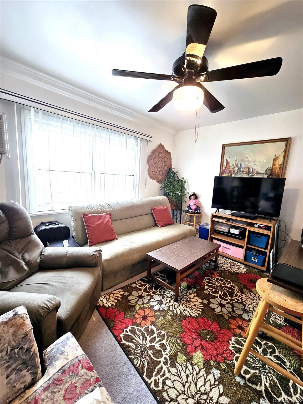 85-09 Sutter Avenue Queens, NY 11417 - Photo 4 of 12 Carpeted living area with crown molding and ceiling fan