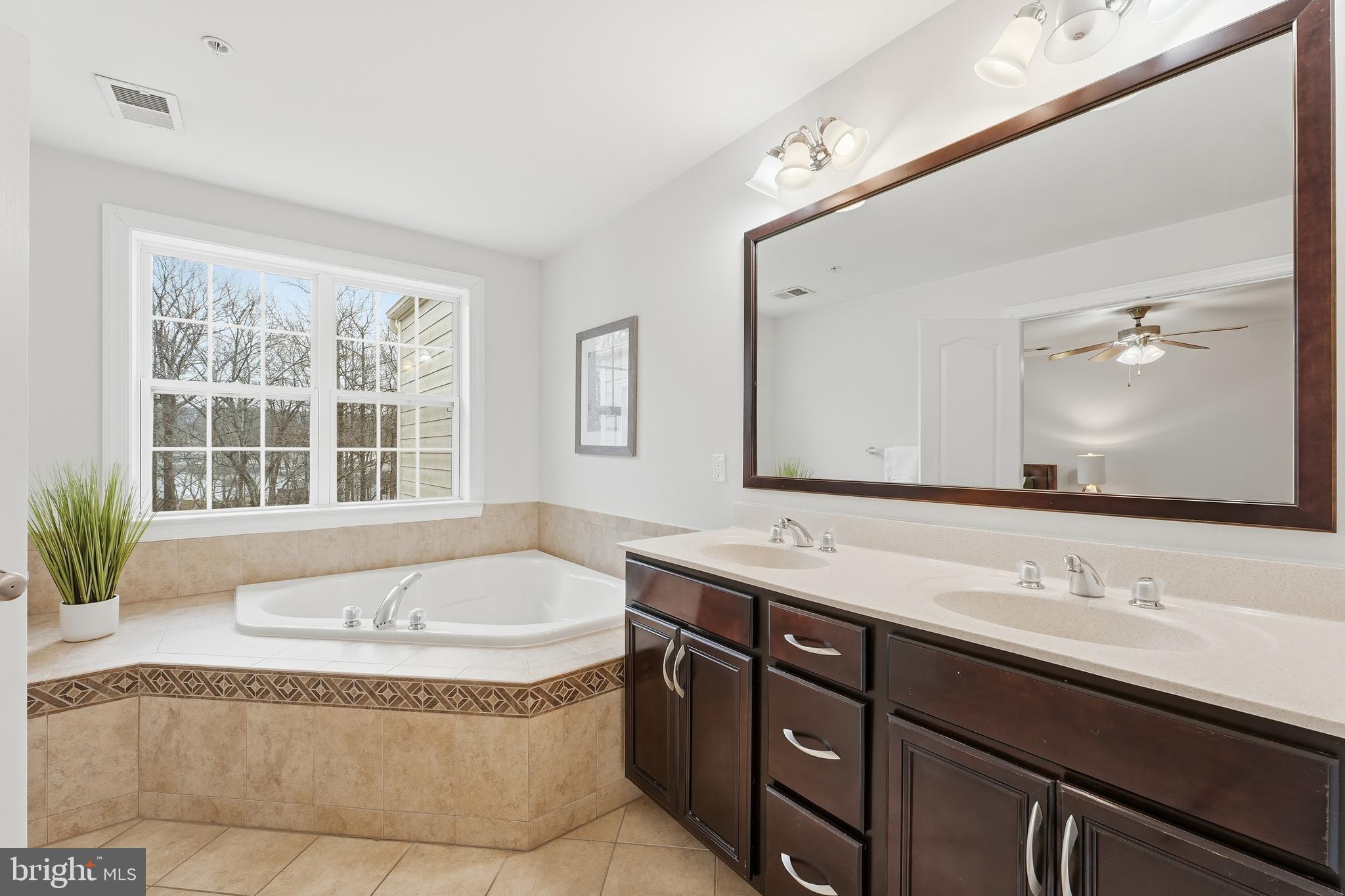 2284 Brimstone Place Hanover, MD 21076 - Photo 14 of 37 a bathroom with a granite countertop bathtub a sink and a large mirror
