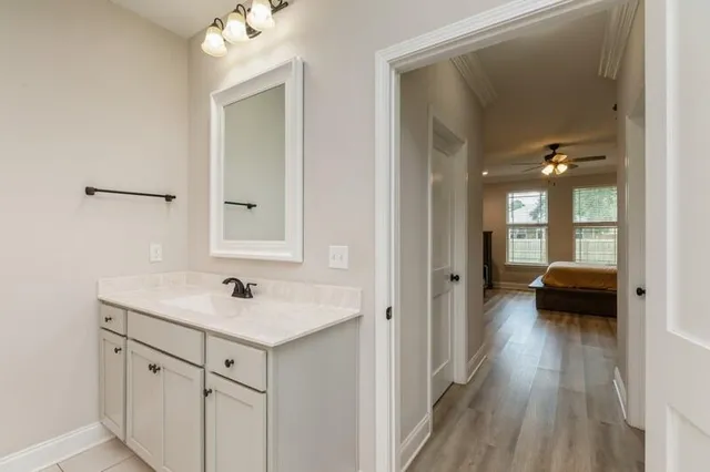 a bathroom with a sink and a mirror