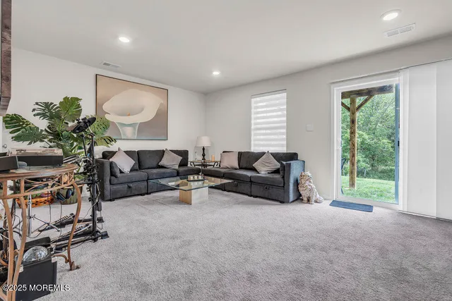 a living room with furniture and a potted plant