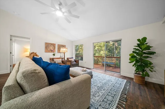 a living room with furniture plant and a window