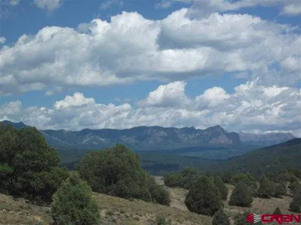 a view of a dry yard with mountains in the background