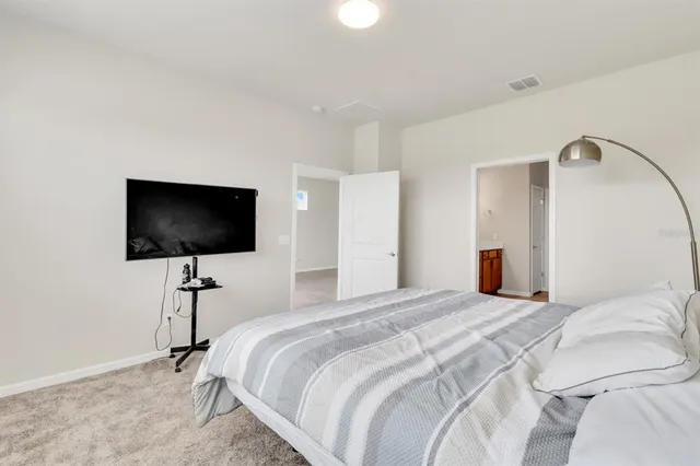 a bedroom with a bed and a flat screen tv