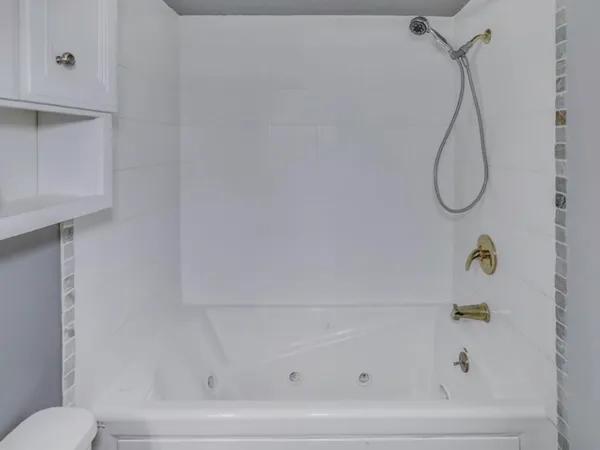 a bathroom with a bath tub with a shower